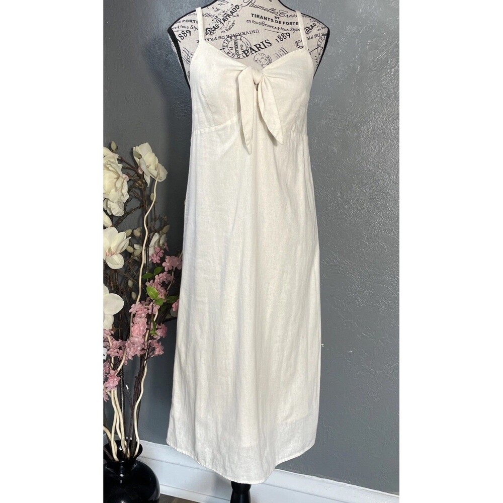 Old Navy Linen Blend Lined Strappy Tie Front Midi Cream Dress Small